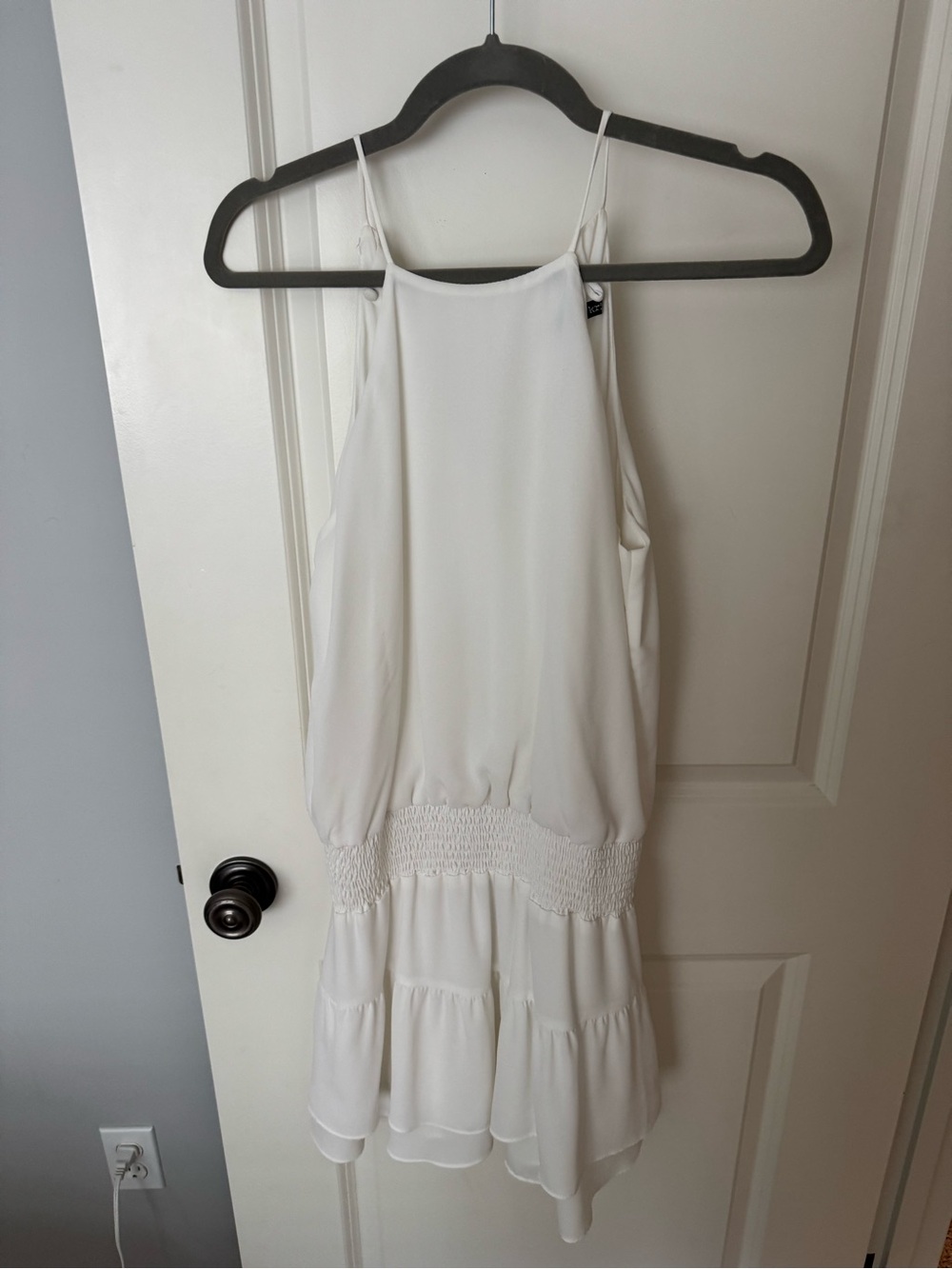 Sleeveless White Smocked-Waist Mini Dress